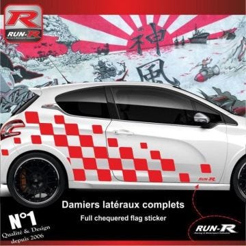 Stickers - PEUGEOT - 208 - DAMIER GEANT - ROUGE - Lot de 2 autocollants bas de caisse