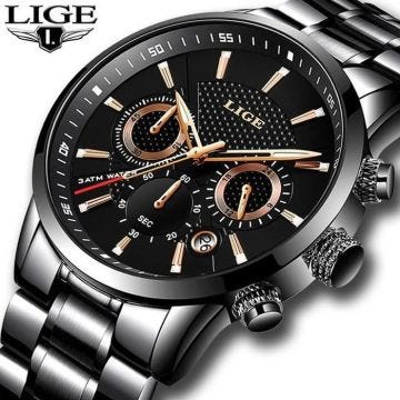 LIGE Montre Homme Mode Sport Étanche Analogique Montres Quartz avec Acier Inoxydable Montre Affaires Montre Bracelet Homme - Noir