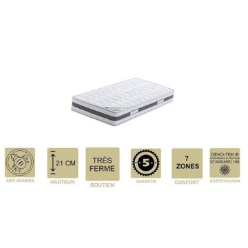 Matelas 70x190 Mémoire de Forme 62 Kg-m3 x 21 cm Très Ferme - 7 Zones de Confort - Noyau Aertech+ 35 Kg-m3 HR Haute Densité - Hy