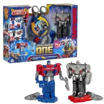 Pack de 2 figurines Optimus Prime (Orion Pax) et Megatron (D-16) de 11 cm, jouets dès 6 ans, Transformers One Robot Battlers