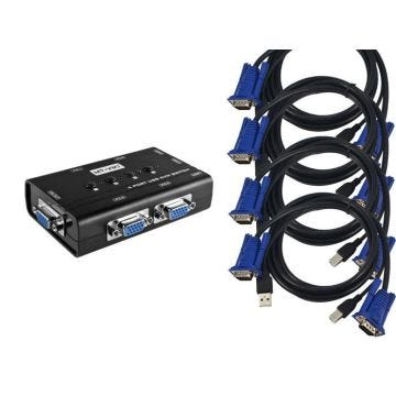 Boitier de partage KVM Switch pour 4 PC. Ecran VGA, clavier et souris USB, avec cordons KVM fournis