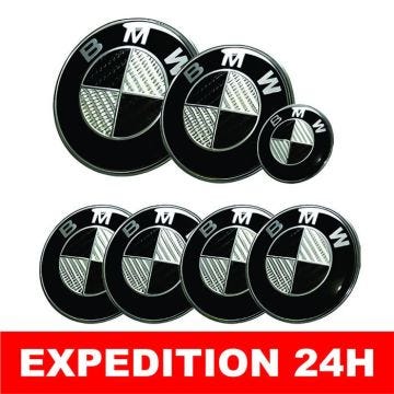 KIT 7 Badge LOGO Embleme BMW Carbone Noir Gris Capot + Coffre 82mm +Volant + 4 centre de roue