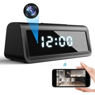 Réveil Caméra Espion 4K Infrarouge Horloge d'Espionnage Wifi Détecteur de Mouvement +SD 128Go - YONIS Noir