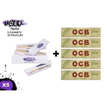Lot De 10 Carnets De Feuilles À Rouler Longues 5 Def Papelard® Edition King Size Slim + 5 Ocb Slim Chanvre Bio