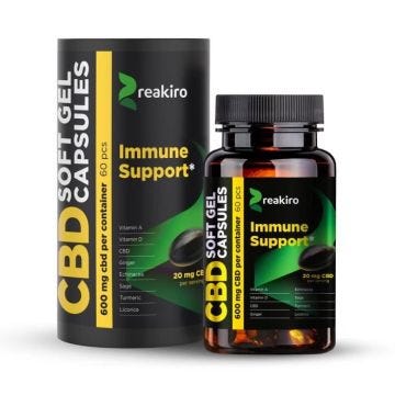 60 Gélules CBD Reakiro Full Spectrum 600mg, Immune Support. Ingrédients 100% naturels.