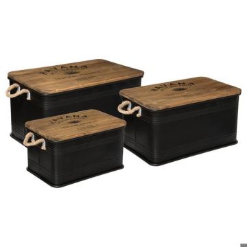 Malle - ATMOSPHERA - Set de 3 en métal noir et bois de sapin - Style vintage
