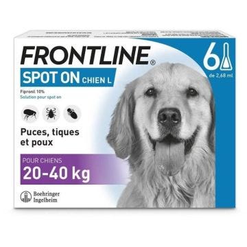 FRONTLINE 6 pipettes Spot On Chien L - 20 à 40 kg - Puces tiques et poux