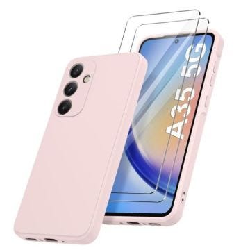 Coque - Little Boutik© - Galaxy A35 5G - Silicone Souple - Pack 2 Verres Trempés - Rose