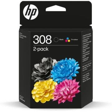 Pack de 2 cartouches d’encre HP 308 authentiques noire et tricolore (6L6S6UE) pour HP Envy 6110, 6120, 6130, 6520, 6530