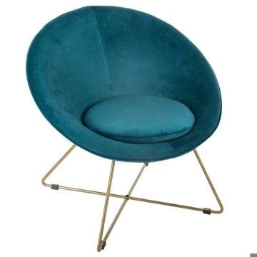 Fauteuil - ATMOSPHERA - Velours Bleu - Pieds Métal Dorés - Relaxation - Contemporain