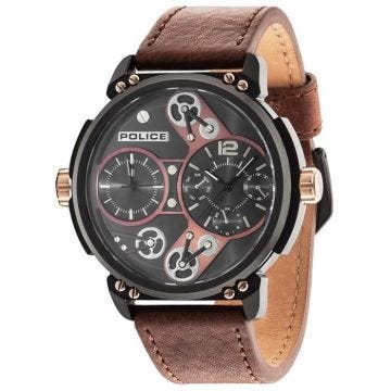 POLICE HOMME 53MM BRACELET CUIR MARRON QUARTZ CADRAN NOIR MONTRE 14693JSB/12A