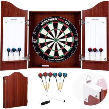 Cabinet Armoire de fléchettes en Bois + Cible en sisal + 2 Lots de fléchettes 18 GR, Tableaux de Scores effaçables avec Feutre