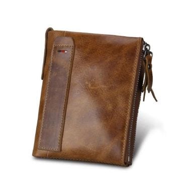 Portefeuille Hommes en Peau de Vache Anti-RFID Antivol Double Zippée - Marron