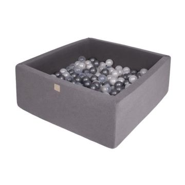 MEOWBABY 90X90X40cm/200 Balles ∅ 7Cm Piscine a Balles Carré Bébé Gris Foncé: Perle Blanche/Argent/Transparent