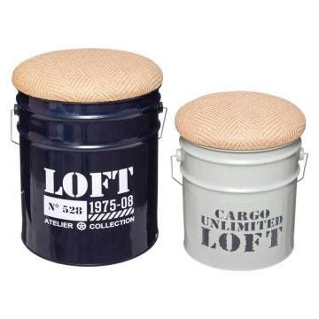 Atmosphera - Lot de 2 Poufs Bidons & Coffres de rangement en Métal style industriel Bleu