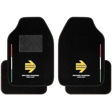 Tapis de voiture - MOMO - Lot de 4 - Moquette noire - Antidérapant - Logo MOMO avec drapeau italien