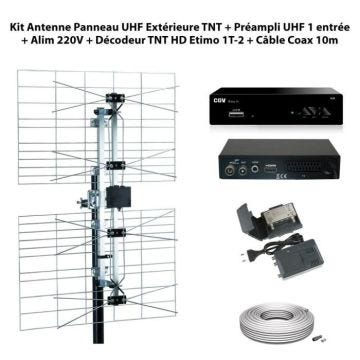 Kit Antenne Panneau UHF - OPTEX - Préampli UHF Réglable - Décodeur TNT HD - Câble Coax 10m