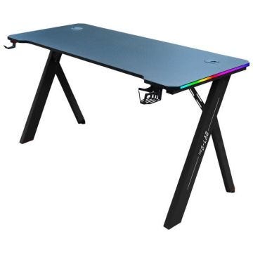 Bureau gamer avec support de casque, porte-gobelet, et rétroéclairage RGB.