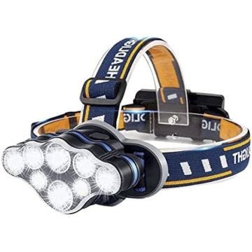 TM Electron TMTOR025 Lampe frontale avec 8 LED super lumineuses, 8 modes, inclinaison 90°, 2 piles rechargeables 1800mAh, micro