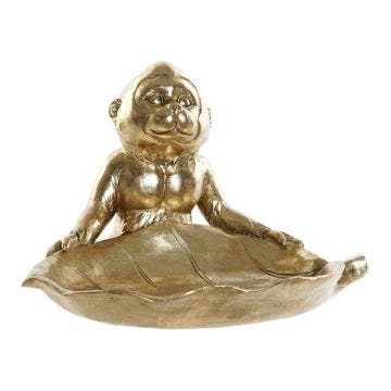 SINGE Statue Vide Poche Feuille de Bananier couleur Dorée Décoration Hall entrée de 23x20cm