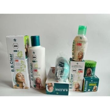 B B clear éclaircissante, lait 320ml, savon, l'huile serum concentré et crème visage anti tâches