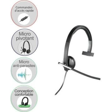 Casque mono Logitech USB H650e - filaire avec commandes d'accès rapide et tige de micro flexible