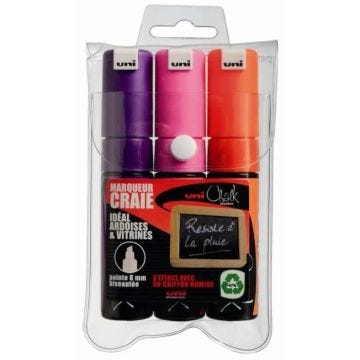 Marqueurs craie Pte biseautée large CHALK Marker PWE8K-3 8mm Assorti fluo - UNIBALL - Effaçable - Pointe large