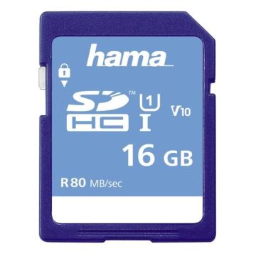Carte SDHC - HAMA - 16 Go - Classe 10 - Vitesse 80 MB/s - Compatible UHS-I