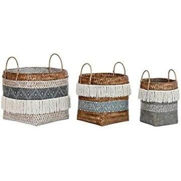 Ensemble de paniers - DKD Home Decor - Standard - Coton et bambou - Blanc et gris - 55 x 60 x 55 cm