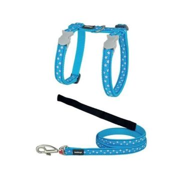 LAISSE ET HARNAIS CHAT BLEU ETOILES BLANCHES tour de cou : 21 a 35cm, laisse 1,2 - F5387