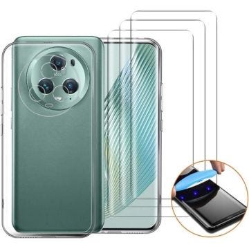 Compatible HONOR Magic5 Pro- Coque Résistante Transparente et 3 Films Protections écran Verre trempé incurvé 3D [Novago]