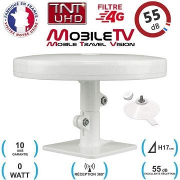 Antenne TV TNT UHD 4G Omnidirectionnelle 55dB avec Pieds VENTOUSES - Camping Car/Camion/Fourgon - Omni Pro Plus