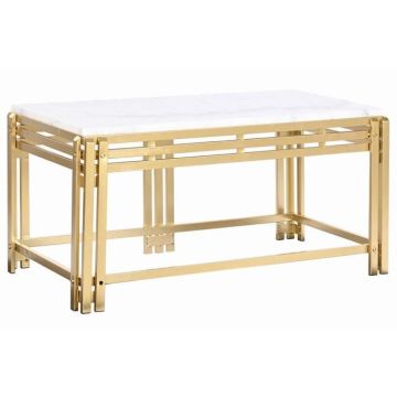 Table basse style glam blanc, doré métal, marbre 80 cm