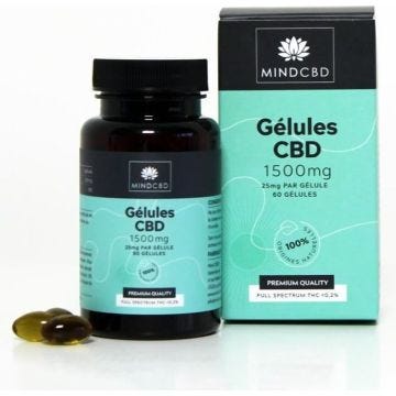 60 Gélules CBD Premium MIND CBD - Full Spectrum 1500mg (25mg/gélule) / 100% naturel.