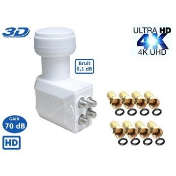 LNB Quad SR-4088 0.1dB High Gain 70 DB !! - Tête Parabole Universelle Compatible Full HD 4K TNTSATCanal+ Astra et FRANSAT+8 fiches F