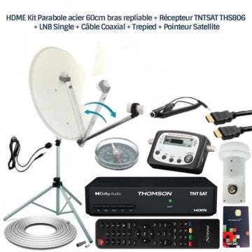 HDME Kit Parabole acier 60cm bras repliable + Récepteur TNTSAT THS806 + LNB Single + Câble Coaxial + Trepied + Pointeur Satellite
