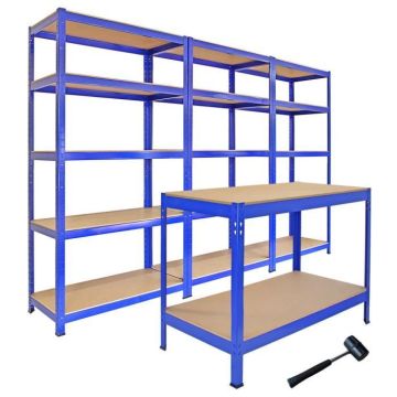3 Rayonnages T-Rax Bleus de 90cm et 1 Établi Q-Rax Bleu de 120cm