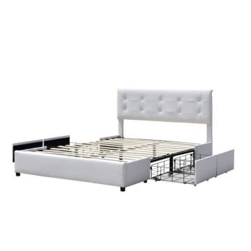 chloe - Solide et Confortable Lit 140x190 avec Sommier avec 4 tiroirs Tete de lit Couleur BLANC Pieds en 4 cm - 2 x