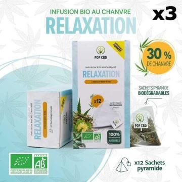 Infusions Bio Relaxation - POP CBD - Lot de 3 boîtes d'Infusions Bio - Chanvre CBD 30% - Sachets individuels