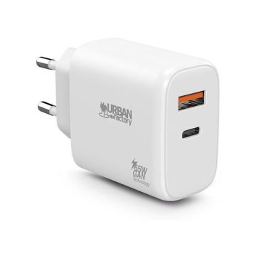Urban Factory Chargeur secteur avec 1 port USB-C 45 W + 1 port USB-A 18 W Charge rapide Blanc - 3760170884677