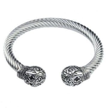 Bracelet - Acier - Ouvert 2 Crânes Tribaux - Résistant - Taille Unique - Argenté