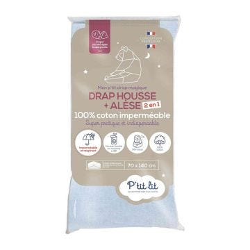 Protège Matelas Bébé 2 en 1 - Alèse + Drap Housse 70x140 cm - 100% Coton - Imperméable et Respirant - Silencieux - Gris