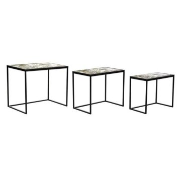 Jeu de 3 tables verre noir métal vert - Set auxiliaire - Feuilles