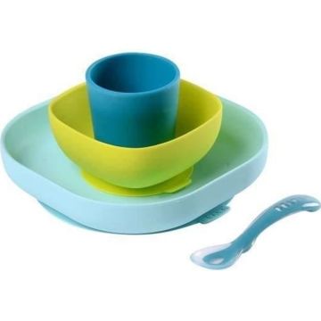 BÉABA - Set Vaisselle Silicone Repas Bébé - Ventouse - Anti-dérapant - 4 Pièces - Bleu