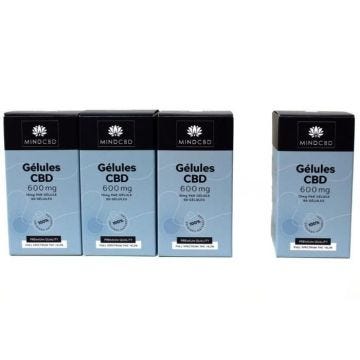 Lot de 4 x 60 Gélules CBD Full Spectrum MIND CBD 600mg (3 boites achetées + 1 offerte). 10mg/gélule. Lot de 4 x 60 Gélules CBD Full Spectrum MIND CBD 600mg (3 boites achetées + 1 offerte). 10mg/gélule.