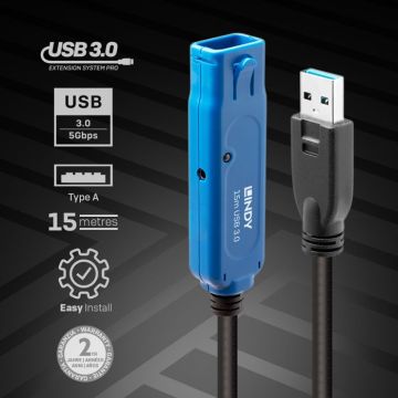 Rallonge de câble USB - Lindy - USB 3.1 Gen 1 - 15 m - Actif - Type A mâle vers femelle