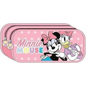 Trousse Scolaire 2 Compartiments Minnie Mouse - Rose - 22x8x10 cm - Trousse en Polyester - Motifs Minnie Mouse et Daisy - Produit