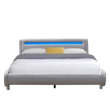 Lit gina pour matelas 140x200 - Sommier Tte de Lit Incurvee Couleur GRIS Pieds en 5 cm - 2 x 13 Lattes - revetemen