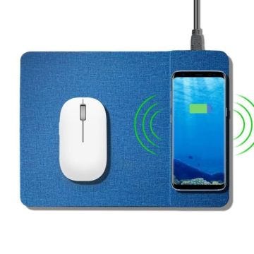 Tapis de Souris 2 en 1 - E.F.CONNECTION - Bleu - Chargeur Sans Fil Intégré - Compatible iPhone et Redmi
