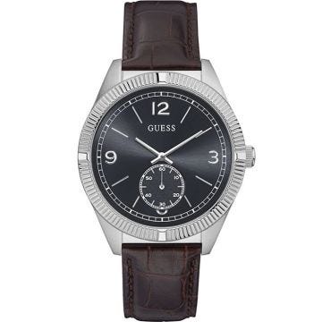GUESS Homme 42mm Bracelet Cuir Boitier Acier Inoxydable Quartz Montre W0873G1